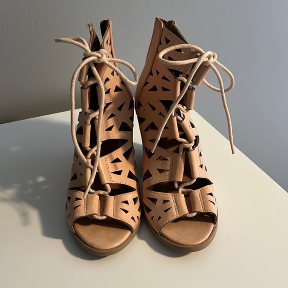 Qupid Tan Ankle Boots with Modern Cutouts